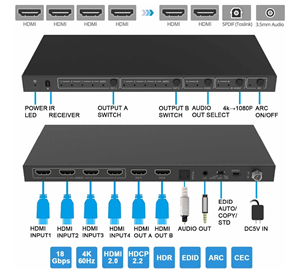 Matrix 4 inputs 2 outputs HDMI2.0b 18G controlled RS-232/IR/network model HDCVT MXB42AC