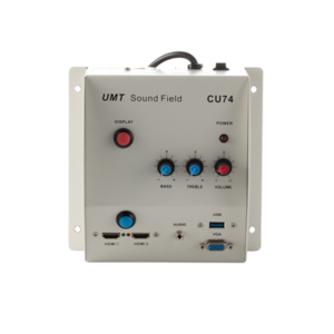 Digital amplifier with special junction box for classrooms, projector on and off switch, 2 HDMI inputs including UMT CU74 audio extractor